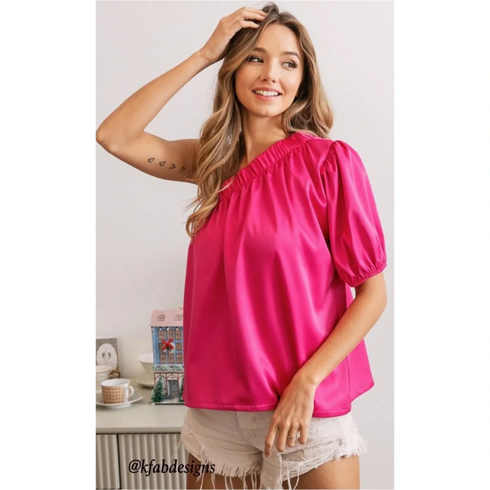 NEW! Fuchsia Soft Stretch Satin One Shoulder Top! - Picture 5 of 15